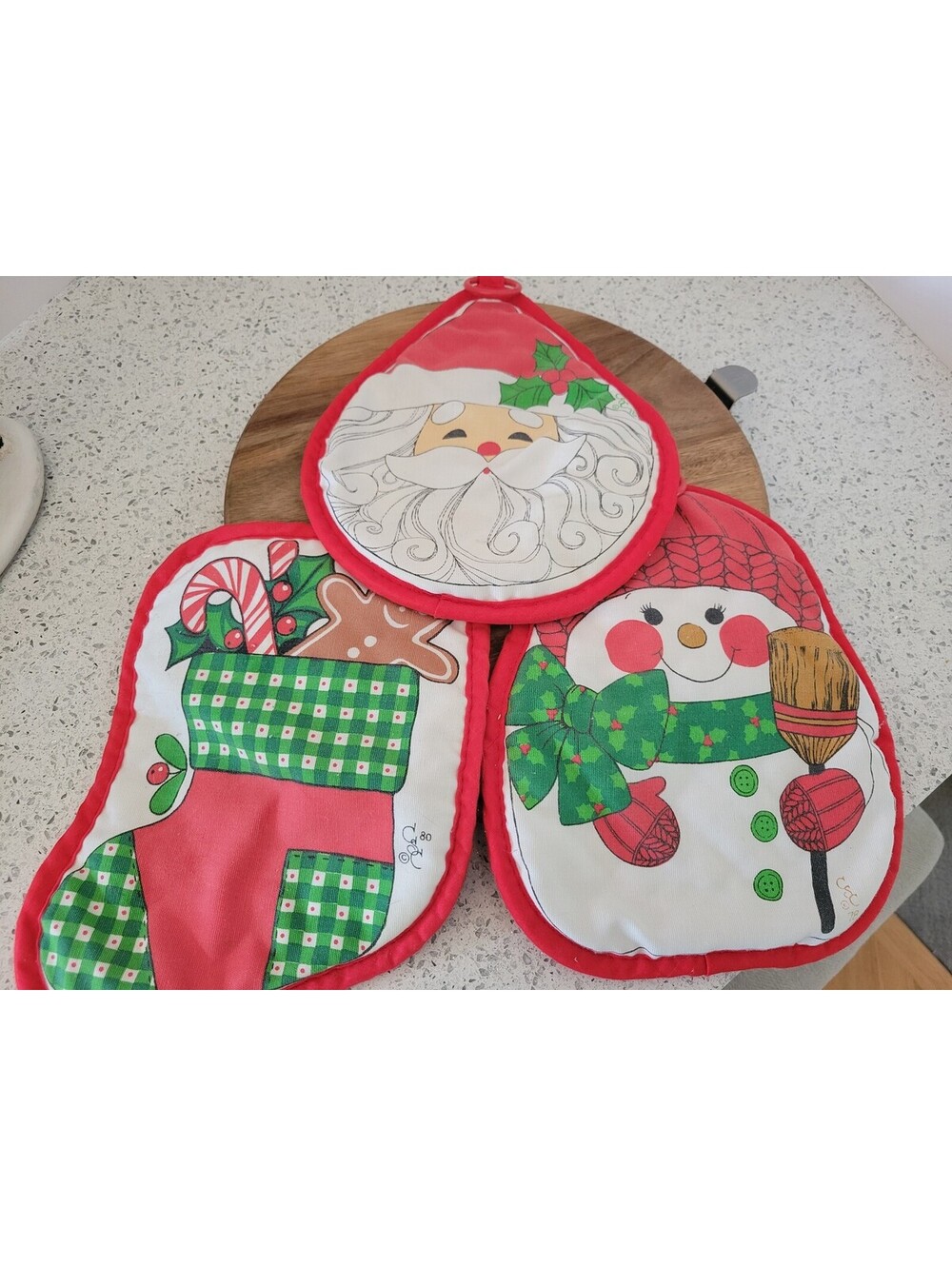 Vtg Christmas Potholders Set Of 3 Santa Snowman Stocking Red Cotton Holiday